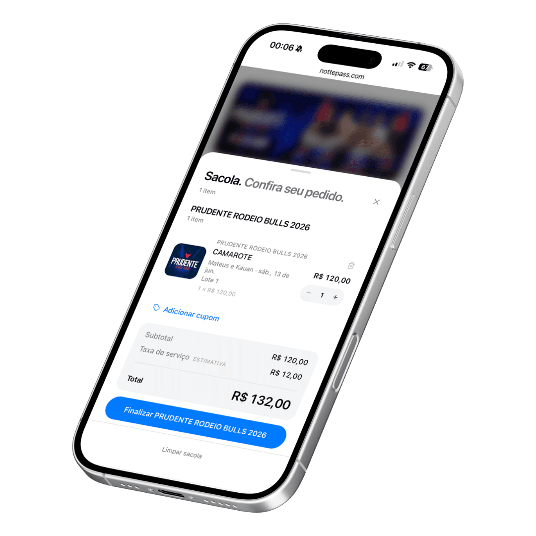 App da nottepass exibindo a tela de finalização de compra de um ingresso no celular.