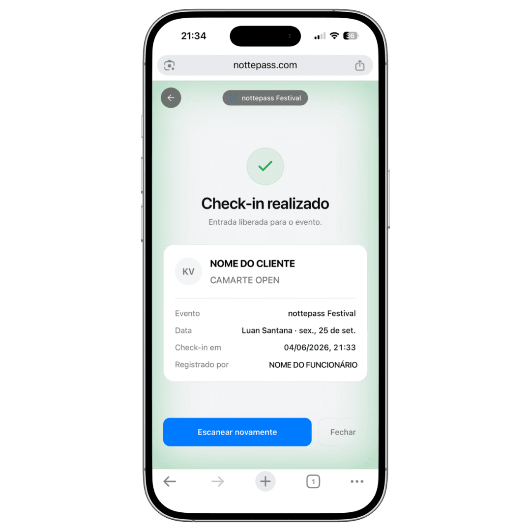 App de portaria da nottepass validando um QR Code na entrada, com contagem de check-ins em tempo real.