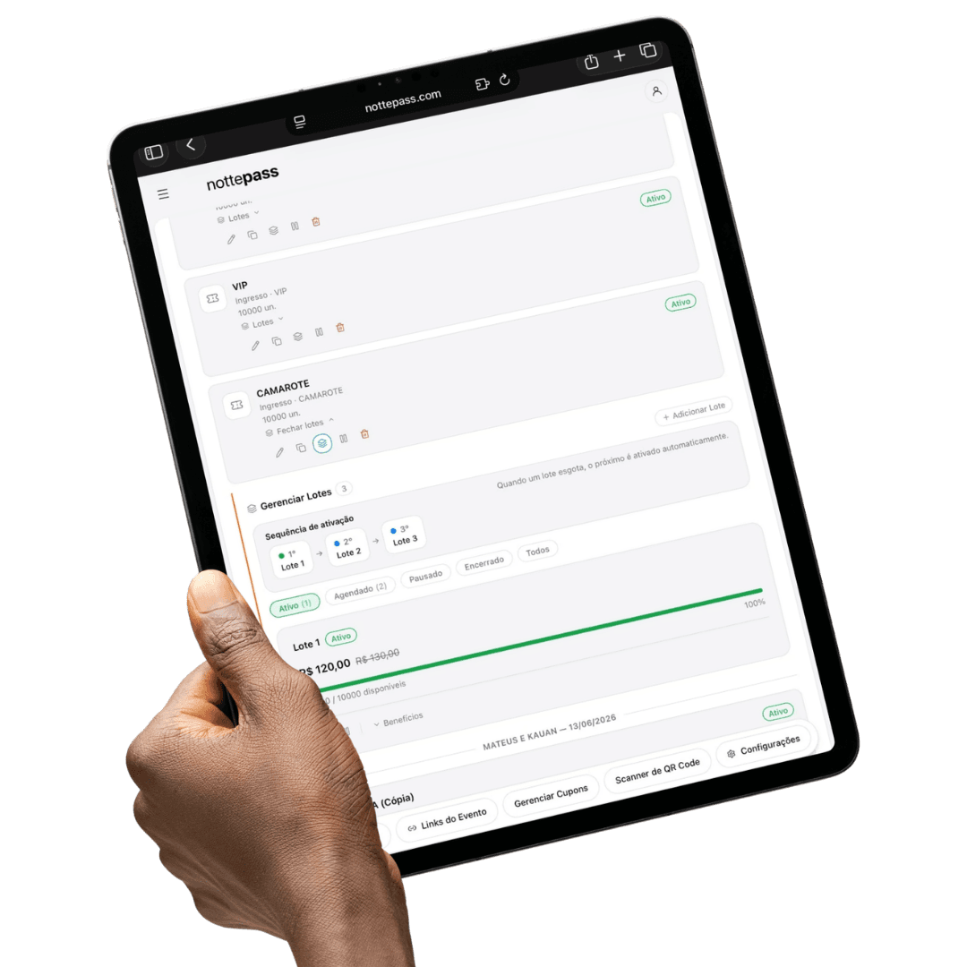 Painel de vendas da nottepass com lotes progressivos, cupons, parcelamento e programa de afiliados.